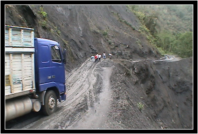 Mudslide on the road, and a veritable traffic jam