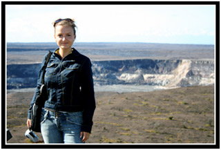 Oksana posing in front of Halemaumau crater.