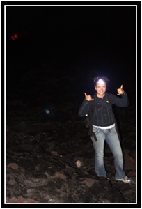 Oksana’s night-hiking getup.  Note the lava in the background!