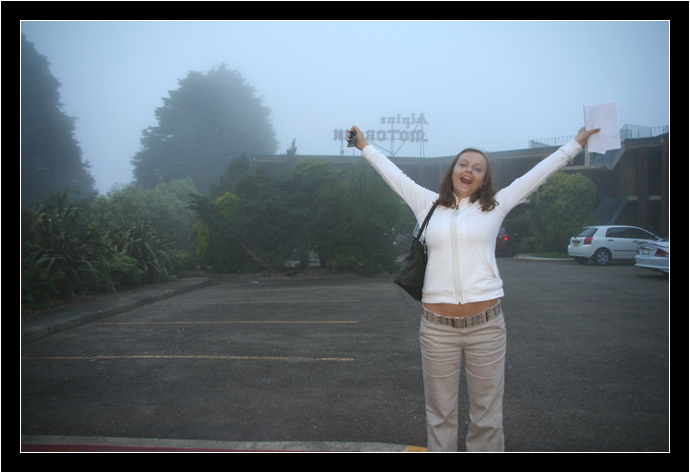 Oksana excited to be in the fog at the Alpine Motor Inn