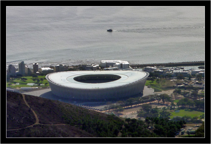 The Cape Town stadium, seen from Table Mountain